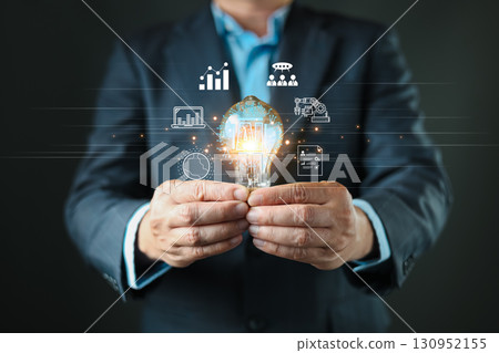 innovation technology big data and business process strategy. man hold lightbulb Ai icon. customer service management.Digital transformation change management.cloud computing.Ai technology 130952155