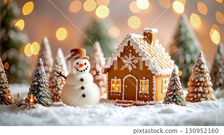 Christmas Snowman wearing a hat in front of the Hexenhaus 130952160