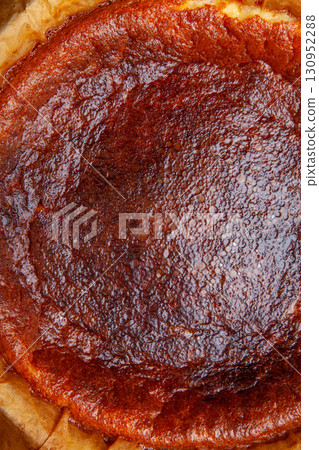 Closeup Homemade Basque burnt cheesecake immediately after baking 130952288