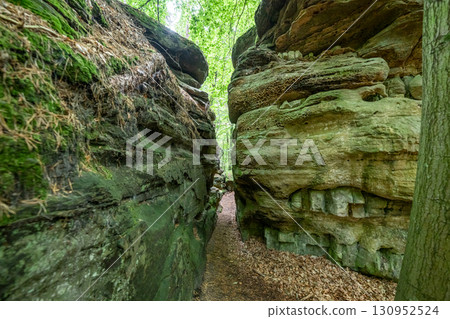 Beautiful green forest Hiking path with Sandstone chalk rock formations in Berdorf Mullerthal Luxembourg 130952524