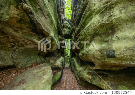 Beautiful green forest Hiking path with Sandstone chalk rock formations in Berdorf Mullerthal Luxembourg 130952544
