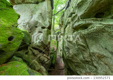 Beautiful green forest Hiking path with Sandstone chalk rock formations in Berdorf Mullerthal Luxembourg 130952571
