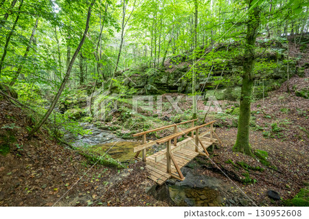 Beautiful green forest Hiking path with Sandstone chalk rock formations in Berdorf Mullerthal Luxembourg 130952608