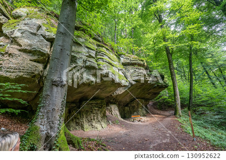 Beautiful green forest Hiking path with Sandstone chalk rock formations in Berdorf Mullerthal Luxembourg 130952622