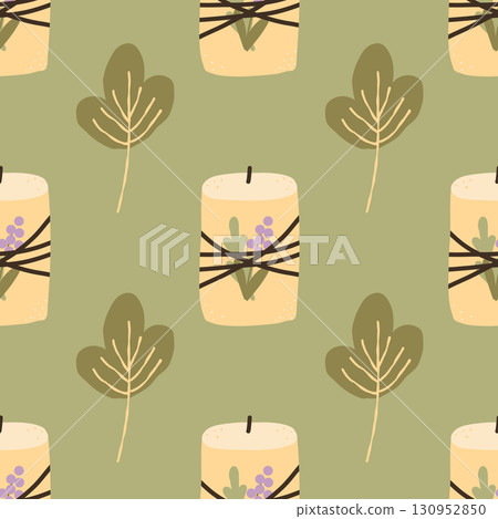 Seamless pattern with autumn candles and leaf decor. Seamless pattern for fabric, textiles, clothing, wrapping paper, cover, banner, home decor, abstract background. 130952850