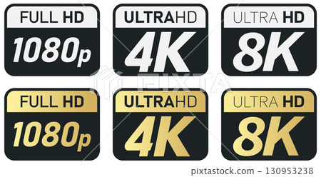Black, white and golden video or screen resolution icons. Set from 1080p to 8k 130953238