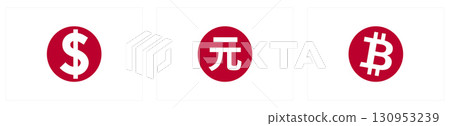 Flag of Japan, dollar, renminbi and bitcoin sing inside red sun. Japanese trade to USA, China and cryptocurrency trading concept 130953239