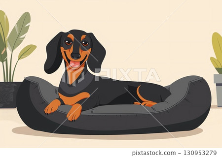 Happy dachshund dog lounging on a cozy pet bed surrounded by indoor plants, showcasing a relaxed atmosphere and playful demeanor in a modern home setting 130953279