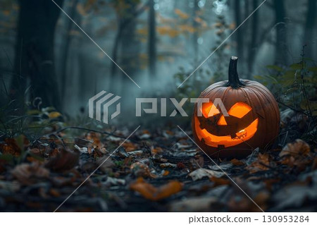Glowing jack-o'-lantern sits on forest floor surrounded by fallen leaves, illuminated by soft light, creating a spooky atmosphere in an autumn setting 130953284