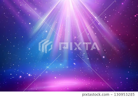 Abstract cosmic background with vibrant purple and blue hues, featuring radiant light beams and sparkling stars, creating a dreamy and ethereal atmosphere for creative projects 130953285