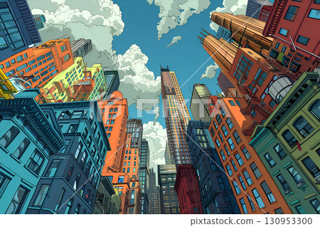 Colorful urban landscape illustration showcasing towering skyscrapers and vibrant buildings under a bright blue sky with fluffy clouds, capturing the essence of city life and architecture Colorful urban landscape illustration showcasing towering skyscrapers and vibrant buildings under a bright blue sky with fluffy clouds, capturing the essence of city life and architecture 130953300