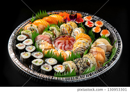 Assorted sushi platter featuring vibrant rolls, fresh sashimi arranged on a silver tray, showcasing culinary artistry and Japanese cuisine Assorted sushi platter featuring vibrant rolls, fresh sashimi arranged on a silver tray, showcasing culinary artistry and Japanese cuisine 130953301