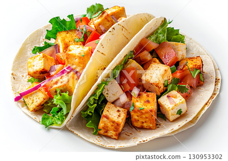 Delicious vegetarian tacos filled with grilled tofu, fresh vegetables, and vibrant greens, served on tortillas, showcasing a colorful and appetizing meal presentation Delicious vegetarian tacos filled with grilled tofu, fresh vegetables, and vibrant greens, served on tortillas, showcasing a colorful and appetizing meal presentation 130953302