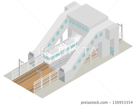 Isometric train, station building and platform image material 130953354