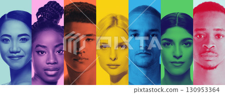 Monochrome style portraits of seven diverse people in bold colors 130953364