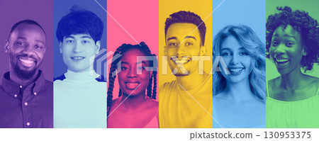 Composition with artistic portraits of diverse people in vibrant duotone backgrounds. Composition with artistic portraits of diverse people in vibrant duotone backgrounds. 130953375