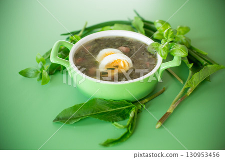 Top view of a plate of green borscht with egg and sorrel on a green background Top view of a plate of green borscht with egg and sorrel on a green background 130953456