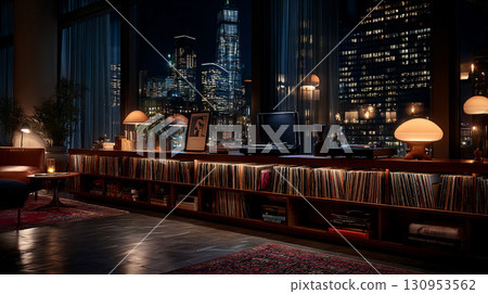 A lounge with a record collection and a night view 130953562