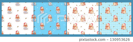 Seamless pattern Cute Christmas Little Bull in Santa hat on white and Blue Background set. Funny New Year Animal Cow. Isolated square templates. Vector illustration. Kids collection. Not AI Seamless pattern Cute Christmas Little Bull in Santa hat on white and Blue Background set. Funny New Year Animal Cow. Isolated square templates. Vector illustration. Kids collection. Not AI 130953626