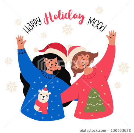 Festive mood. Two Happy Girls in ugly Christmas Sweaters and Santa Hats. New Year woman spreading holiday cheer under Snowflakes. Vector Illustration. Not AI 130953628