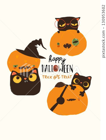 Funny Cats sitting in Pumpkins. Happy Halloween 130953682