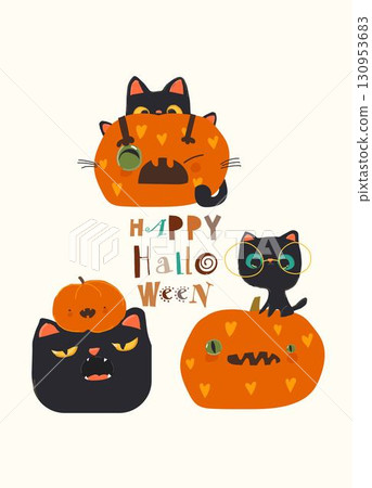 Funny Cats sitting in Pumpkins. Happy Halloween Funny Cats sitting in Pumpkins. Happy Halloween 130953683