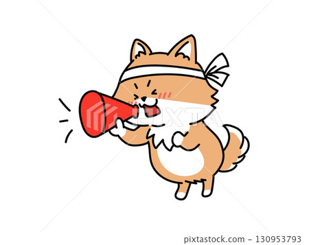 Shiba Inu cheering with a megaphone Shiba Inu cheering with a megaphone 130953793