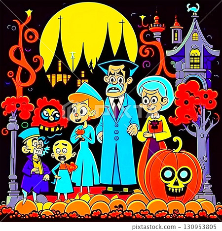 Happy Halloween holiday concept. Halloween background with moon, people, bats and house at night. Halloween jack-o-lantern, generative ai 130953805