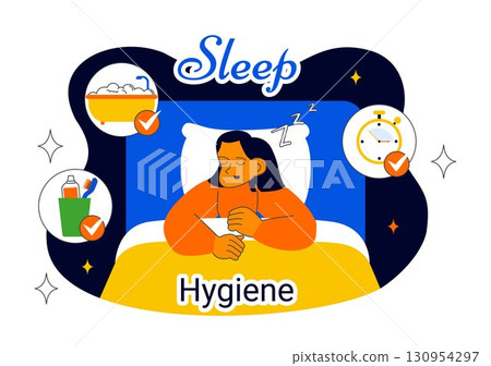 Sleep Hygiene Illustration Featuring a Young Person Sleeping in Bed with a Comfortable Mattress, Regular Sleep Schedule, and Daily Bedtime Routine Sleep Hygiene Illustration Featuring a Young Person Sleeping in Bed with a Comfortable Mattress, Regular Sleep Schedule, and Daily Bedtime Routine 130954297