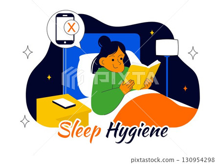Sleep Hygiene Illustration Featuring a Young Person Sleeping in Bed with a Comfortable Mattress, Regular Sleep Schedule, and Daily Bedtime Routine 130954298