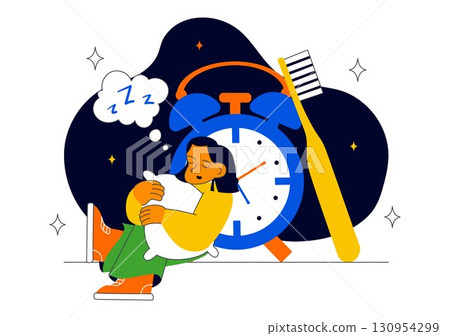 Sleep Hygiene Illustration Featuring a Young Person Sleeping in Bed with a Comfortable Mattress, Regular Sleep Schedule, and Daily Bedtime Routine 130954299
