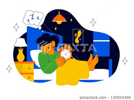 Sleep Hygiene Illustration Featuring a Young Person Sleeping in Bed with a Comfortable Mattress, Regular Sleep Schedule, and Daily Bedtime Routine Sleep Hygiene Illustration Featuring a Young Person Sleeping in Bed with a Comfortable Mattress, Regular Sleep Schedule, and Daily Bedtime Routine 130954300