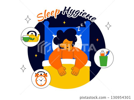 Sleep Hygiene Illustration Featuring a Young Person Sleeping in Bed with a Comfortable Mattress, Regular Sleep Schedule, and Daily Bedtime Routine 130954301