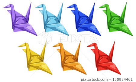 Colorful Origami Cranes in Vector Illustration Set 130954461