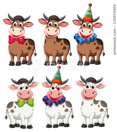 Cartoon Cows in Party Hats and Bow Ties 130954464