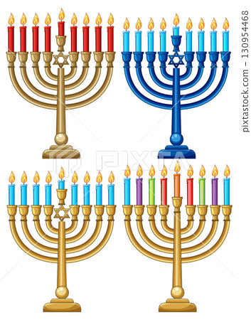 Colorful Hanukkah Menorahs with Lit Candles Vector Set 130954468