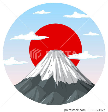 Snow-Capped Mountain with Red Sun and Blue Sky Snow-Capped Mountain with Red Sun and Blue Sky 130954474