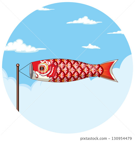 Red Koinobori Carp Streamer Flying in Blue Sky 130954479