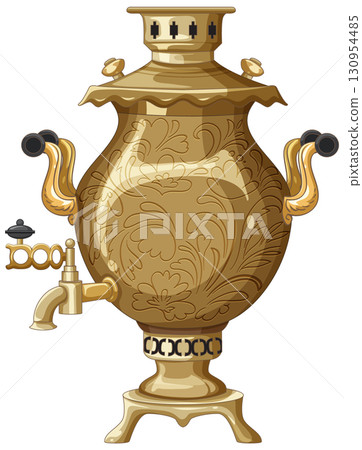 Traditional Russian Brass Samovar with Ornate Floral Design Traditional Russian Brass Samovar with Ornate Floral Design 130954485