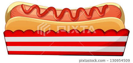 Classic Hot Dog with Ketchup in Striped Tray 130954509