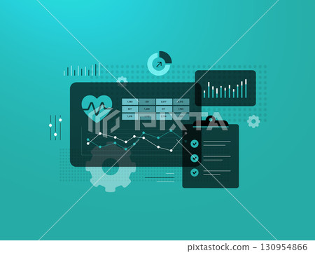 Healthcare data analytics dashboard for patient records, medical research and diagnostics. Professional healthcare data analytics with medical metrics, patient monitoring and electronic health records Healthcare data analytics dashboard for patient records, medical research and diagnostics. Professional healthcare data analytics with medical metrics, patient monitoring and electronic health records 130954866