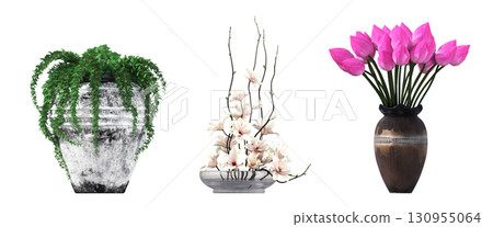 decorative flower in a pot isolate on a transparent background, 3D illustration, cg render 130955064