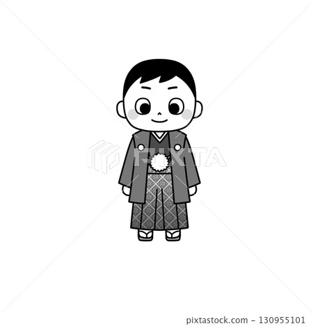 Illustration of a boy in a haori and hakama (monochrome) that can be used for Shichi-Go-San and New Year's 130955101