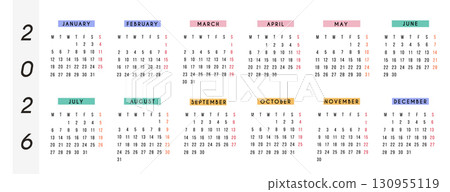 2026 horizontal yearly calendar with colorful modern month headers. Printable wall or desk planner for home, work, school, and productivity. Clean minimal typography, full year design. Vector. 130955119