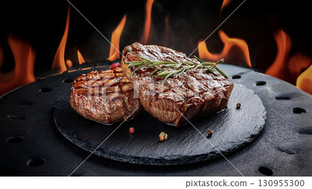 Grilled beef steaks with rosemary, salt, and pepper on wooden board. Juicy barbecue meat with spices. Delicious cooked beef fillet on dark rustic background. 130955300