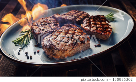 Grilled beef steaks with rosemary, salt, and pepper on wooden board. Juicy barbecue meat with spices. Delicious cooked beef fillet on dark rustic background. 130955302