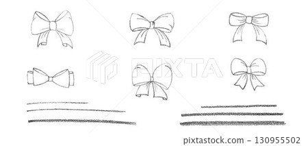 Chalk coquette bow with ribbon line set. Hand drawn vector illustration isolated on white background for design template present for wedding, Birthday, Christmas decoration or discount, sale. EPS10 Chalk coquette bow with ribbon line set. Hand drawn vector illustration isolated on white background for design template present for wedding, Birthday, Christmas decoration or discount, sale. EPS10 130955502