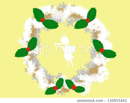 聖誕花環,上面有吹笛子的小天使的輪廓、雪、冬青、紅漿果 聖誕花環,上面有吹笛子的小天使的輪廓、雪、冬青、紅漿果 130955842