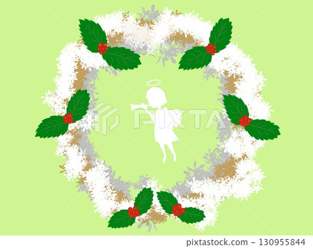 Christmas wreath with silhouette of little angel playing flute, snow, holly, red berries 130955844