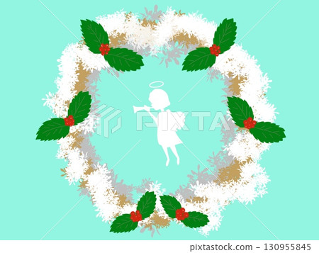 Christmas wreath with silhouette of little angel playing flute, snow, holly, red berries Christmas wreath with silhouette of little angel playing flute, snow, holly, red berries 130955845